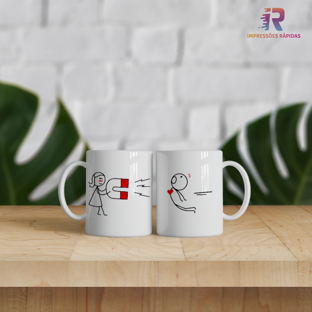 Conjunto 2 canecas temáticas Dia dos Namorados, design íman do amor que se completa.