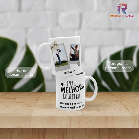 Caneca personalizada Dia do Pai com 2 fotografias, nome e mensagem de agradecimento