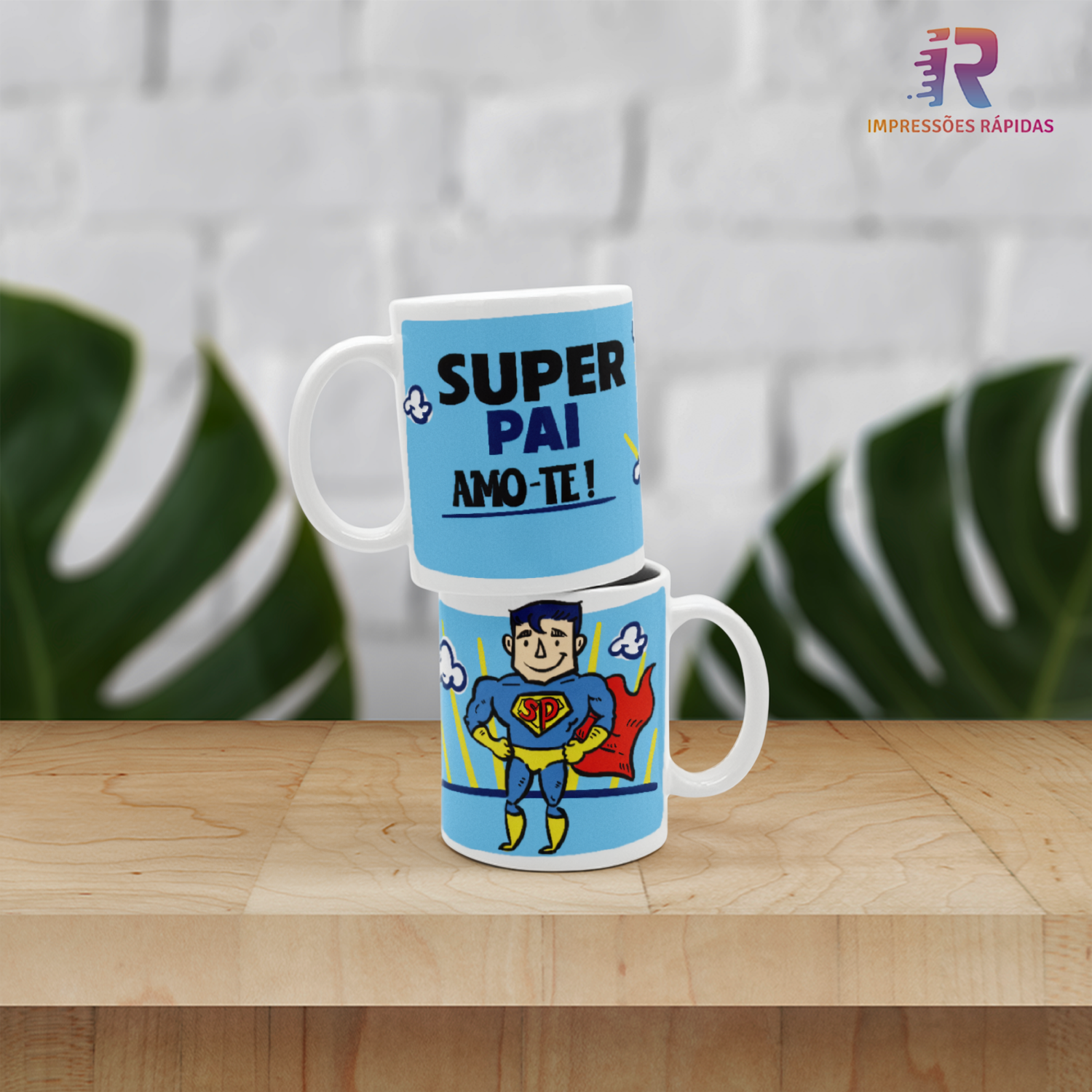 Caneca super pai, ilsutração de super heroi, texto super pai amo-te