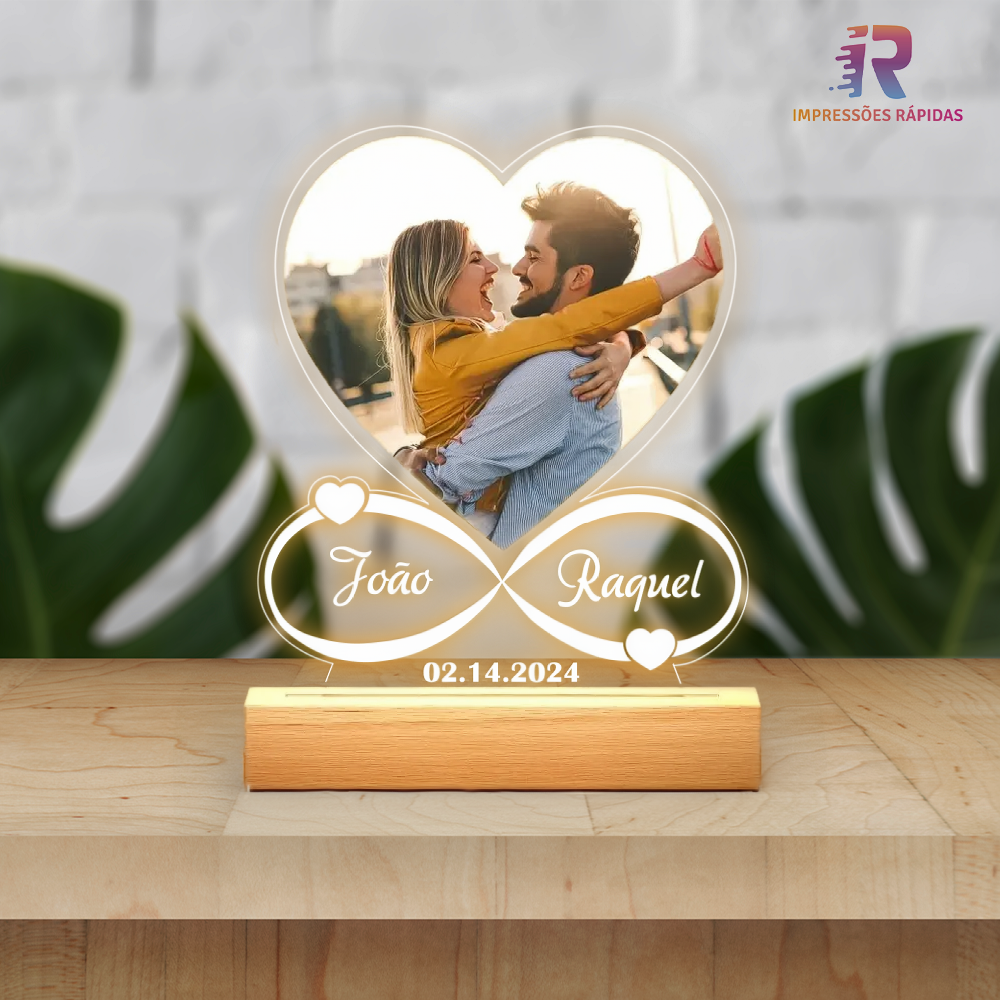 Placa Personalizada em Acrílico com LED - Infinito e coração