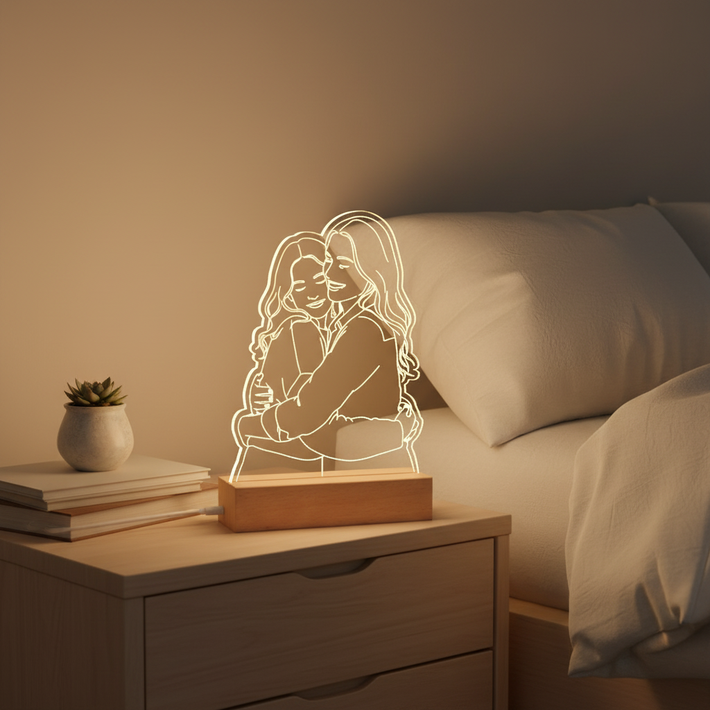 acrilico led colocado numa mesa de cabeceira