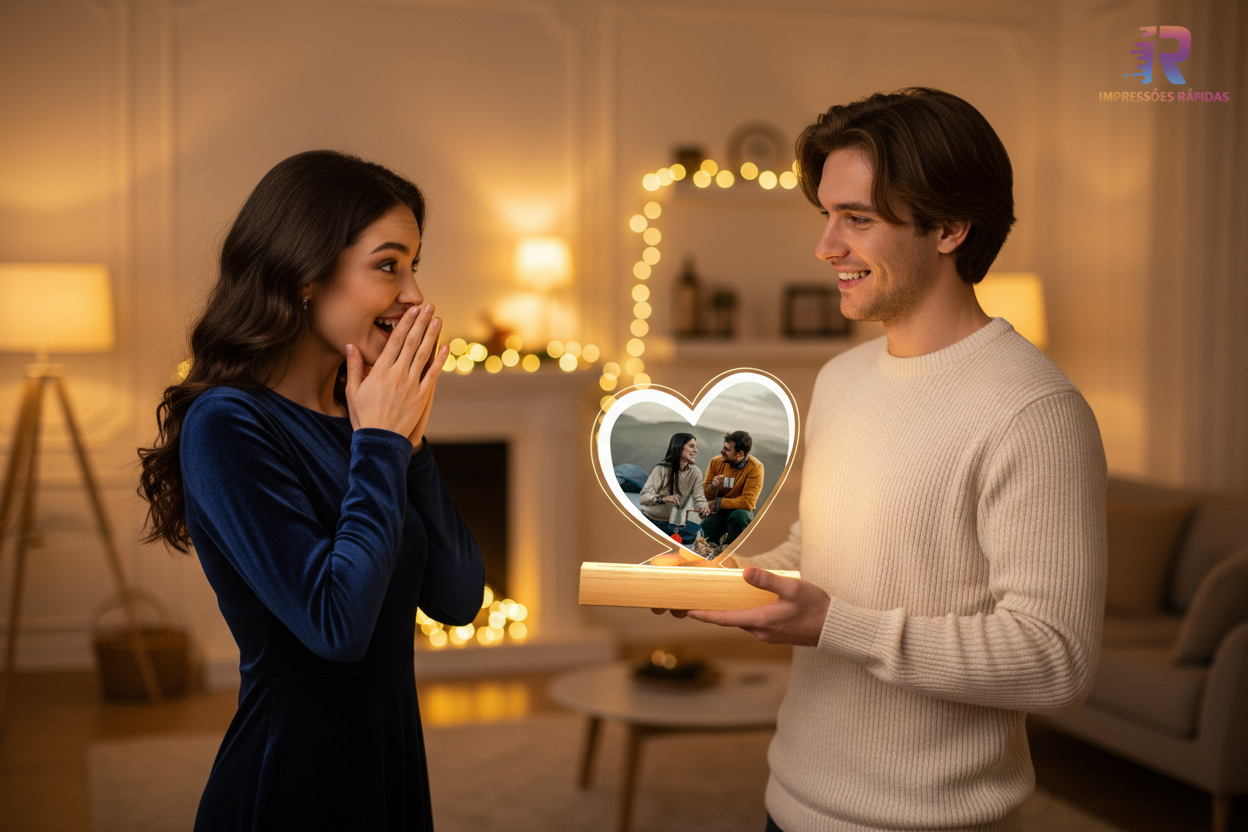 Banner romântico com moldura LED de presente