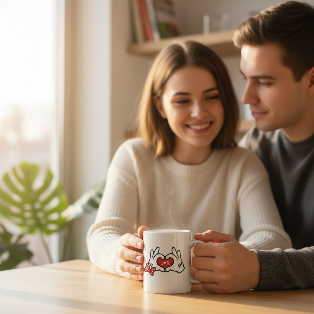 Casal apaixonado com a caneca romântica - formato quadrado