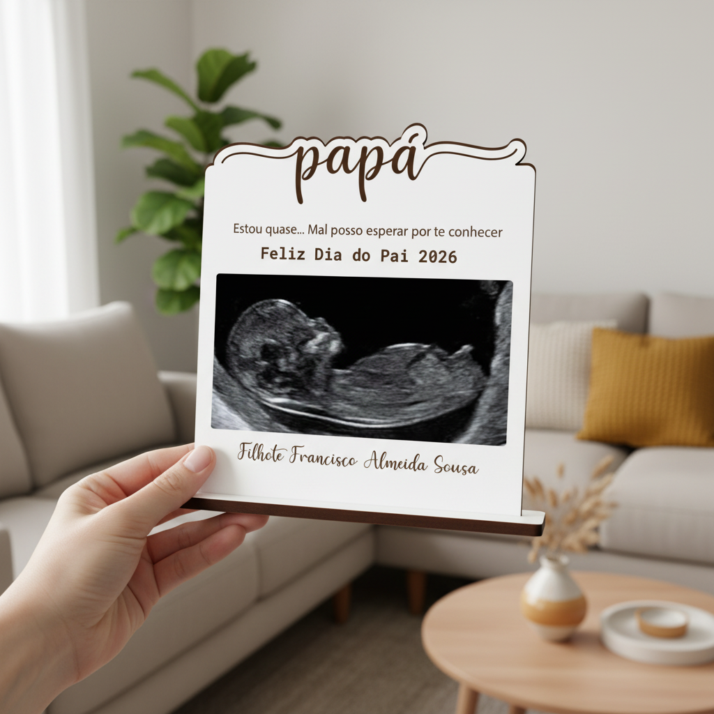 Fotografia lifestyle da placa MDF personalizada Dia do Pai sendo segurada em ambiente familiar