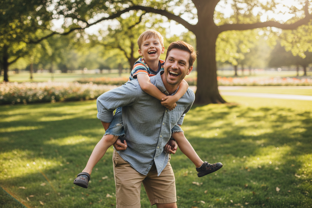 gera uma imagem de uma criança rapaz a brincar nas costas do pai e a rirem-se. quero realismo