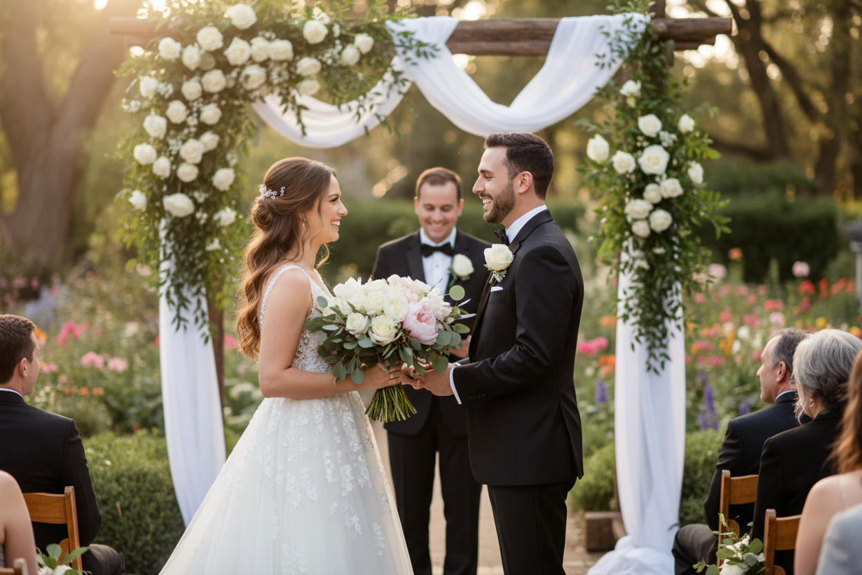 gera uma imagem realista de um casal a casar-se. uma noiva e um noivo