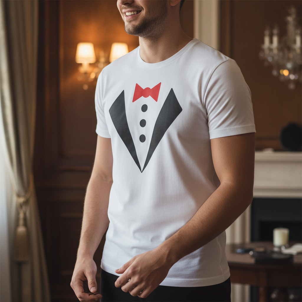 Lifestyle – noivo a usar t-shirt tuxedo