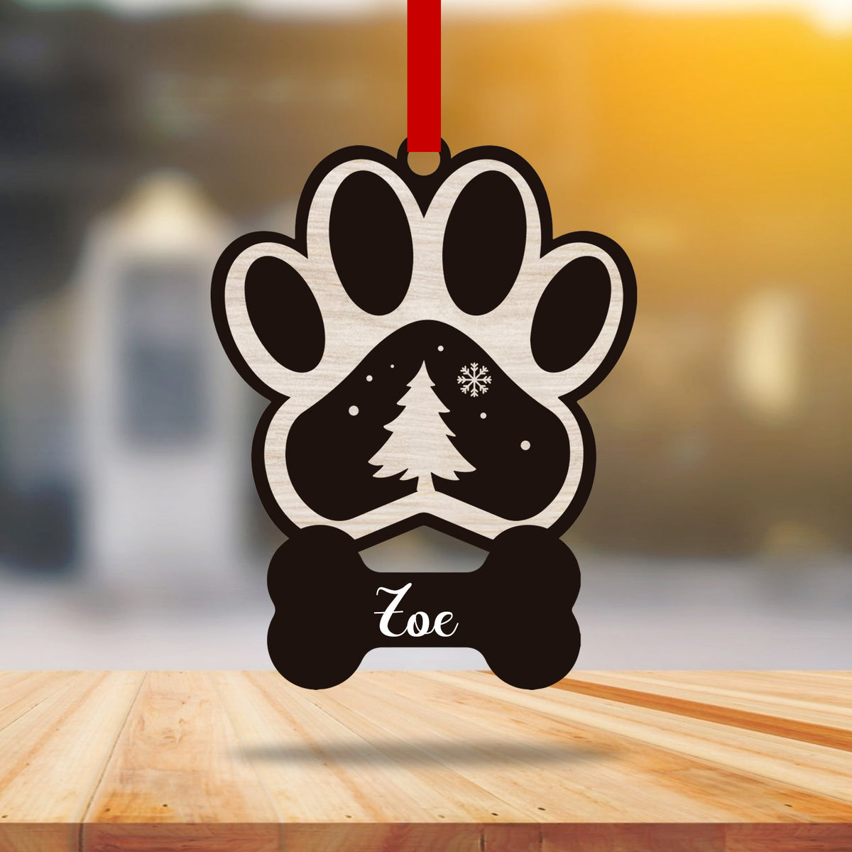 Bola de natal pata de cachorro personalizada com nome - madeira