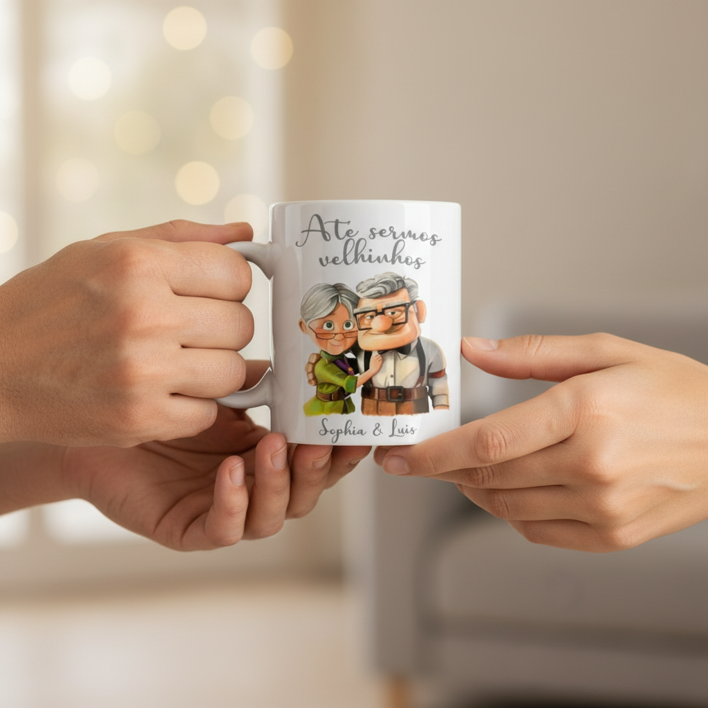 Mãos a oferecer caneca Até sermos velhinhos