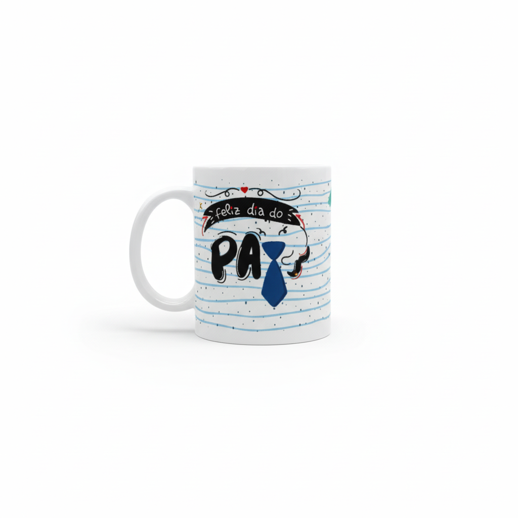 Packshot Caneca Dia do Pai desenho de gravata azul e um bigode e linhas azuis ao longo da caneva