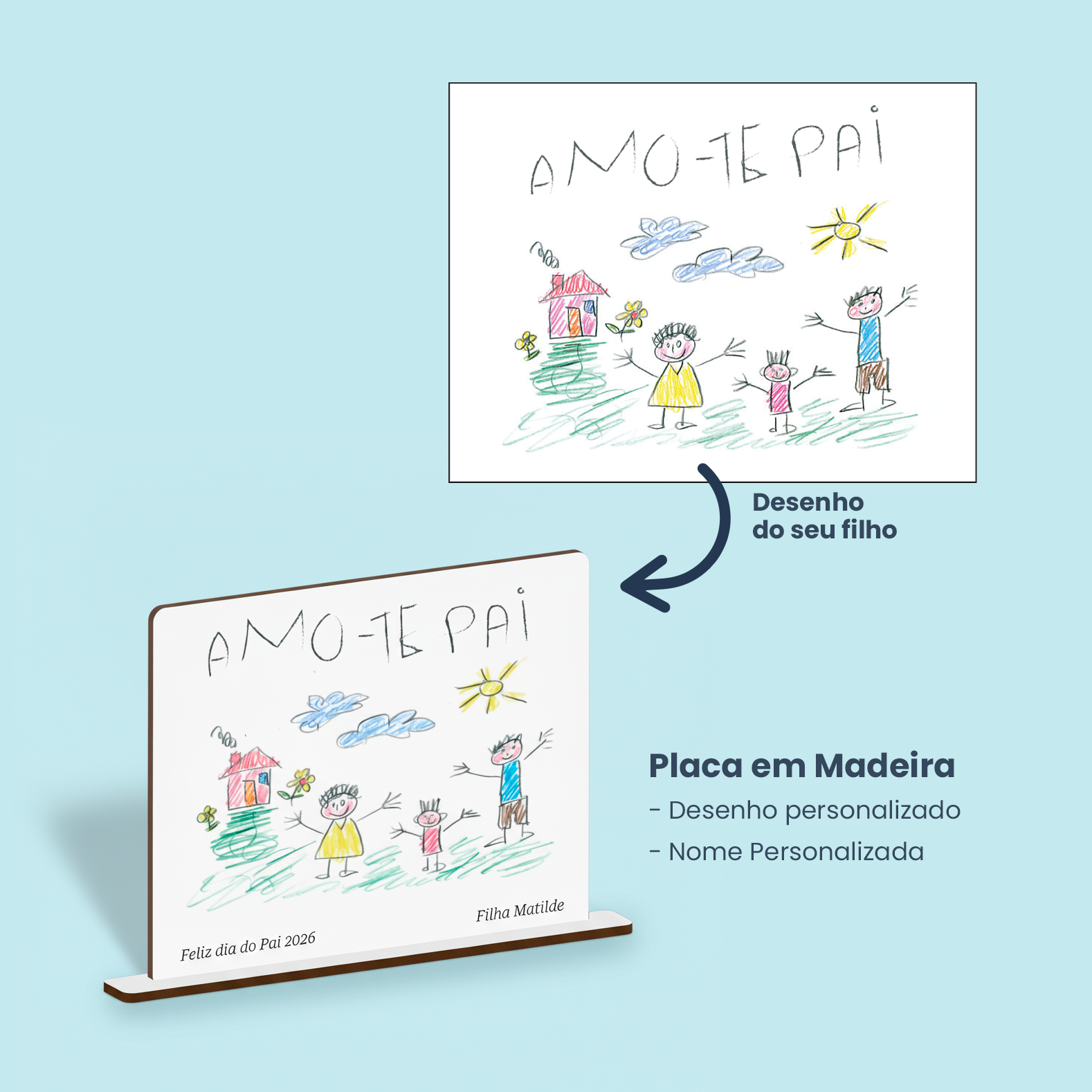 Placa Personalizada Dia do Pai com Desenho Infantil Personalizado